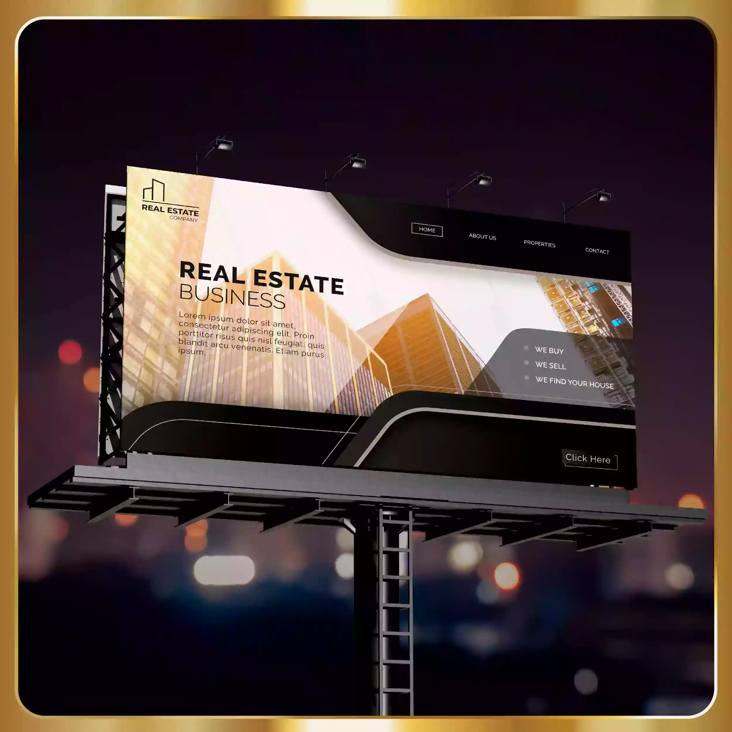 The logo for design advertising is on a desk in a room.